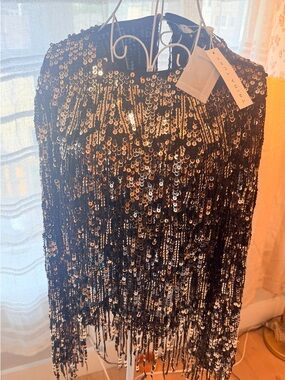 Trina Turk Black and Gold Sequin Fringe Top